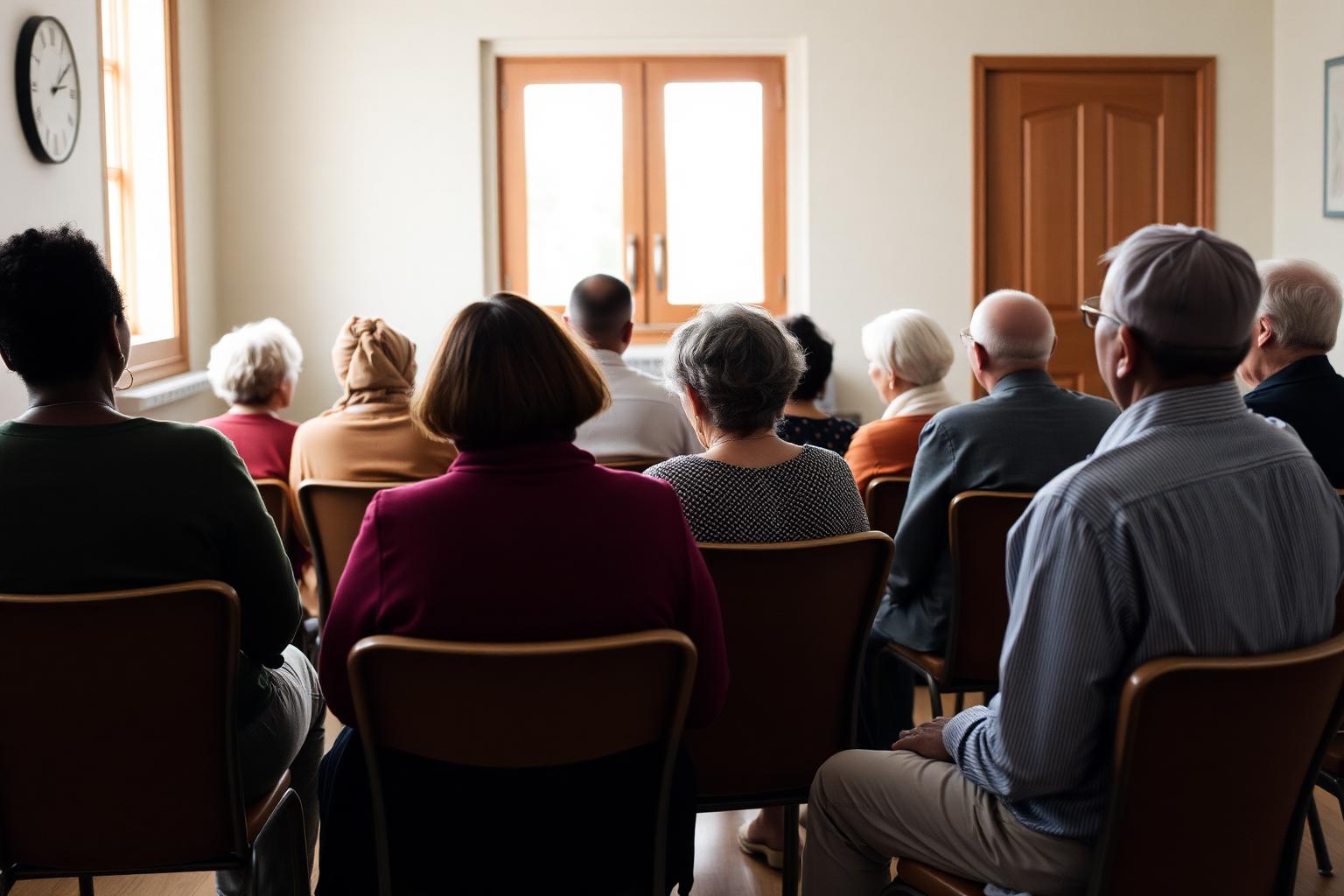 A community group seated together in a sunlit room